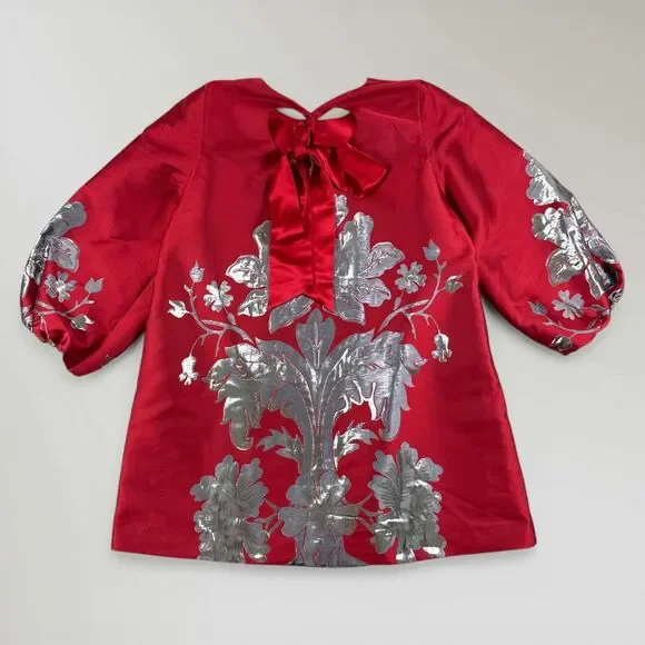 NWT Mestiza Rosanna Mini Dress A-line Red Silver Balloon Sleeves Cocktail Sz XL - Picture 2 of 14